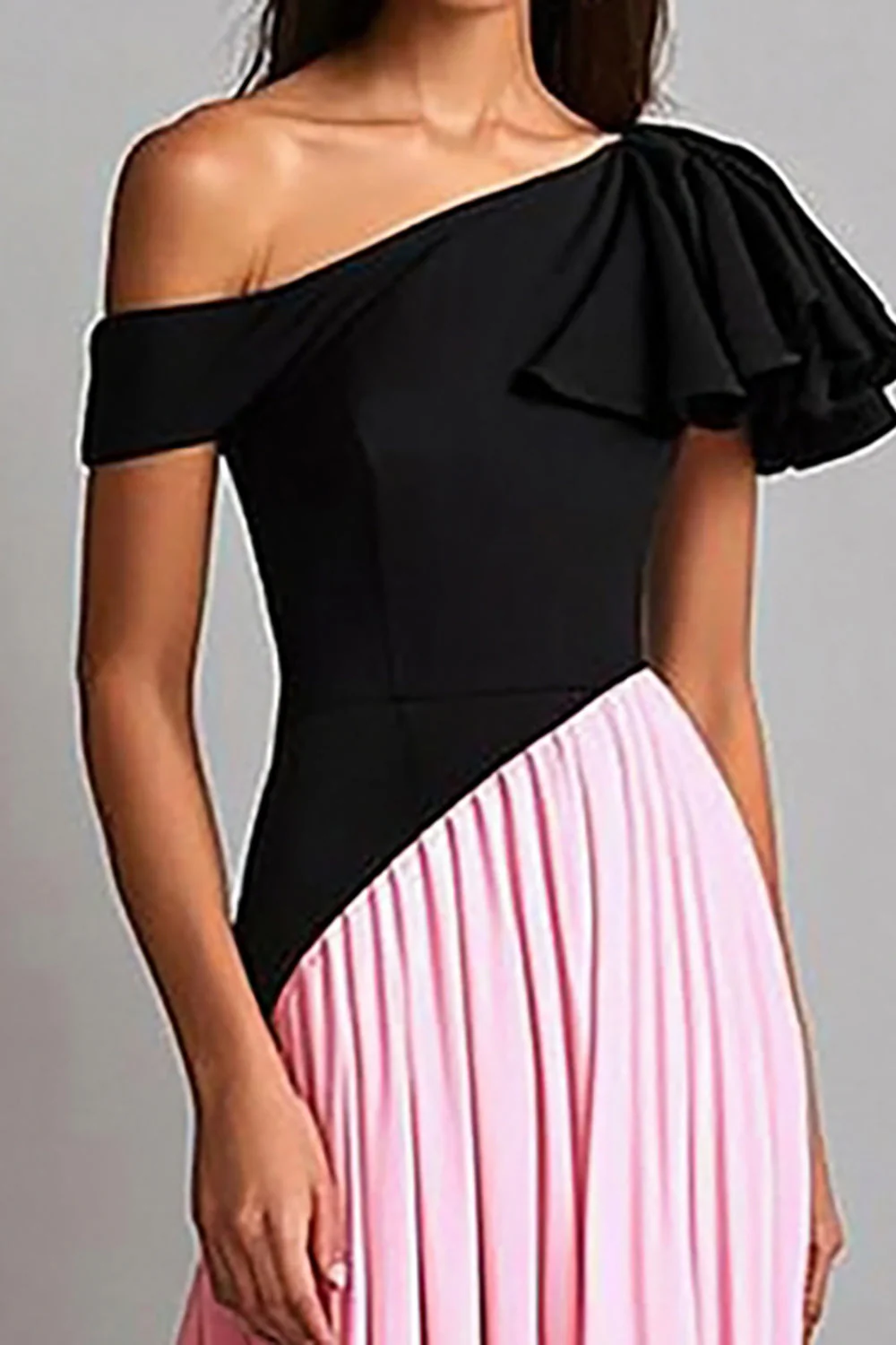 Black & Pink Crepe A Line One Shoulder Gala Dress - Image 2