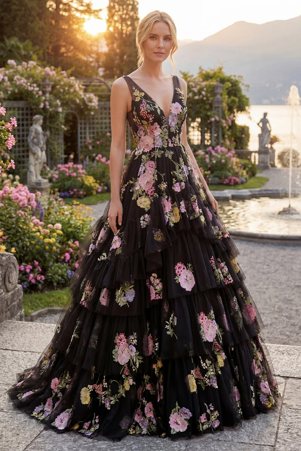Black Pink Flower Tulle A-Line Floral V-Neck Tiered Long Prom Dress