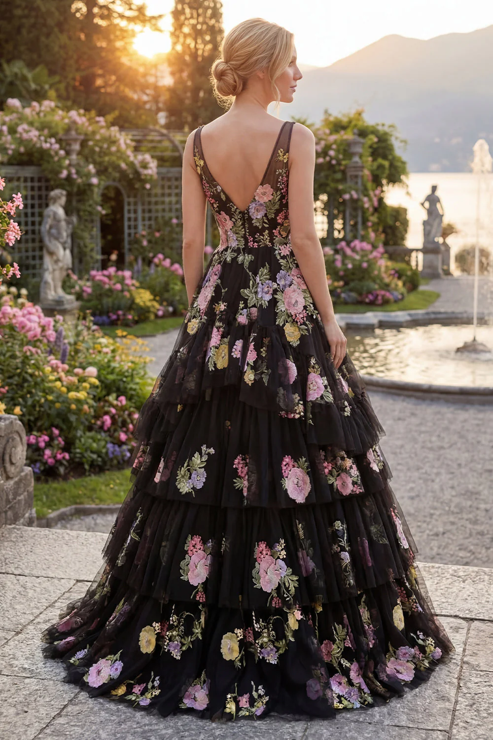 Black Pink Flower Tulle A-Line Floral V-Neck Tiered Long Prom Dress - Image 2