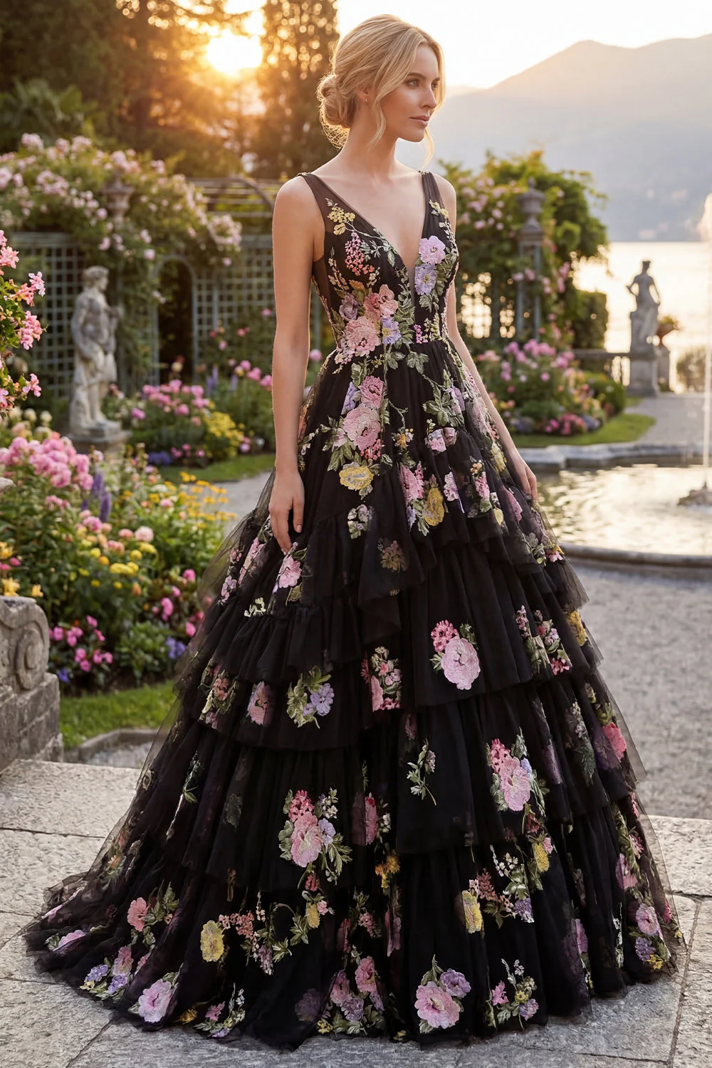 Black Pink Flower Tulle A-Line Floral V-Neck Tiered Long Prom Dress - Image 3