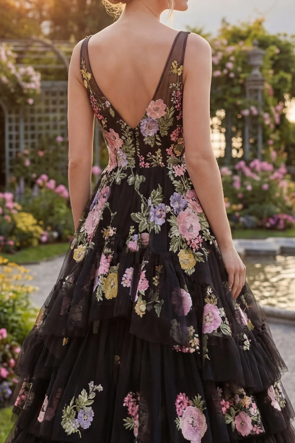Black Pink Flower Tulle A-Line Floral V-Neck Tiered Long Prom Dress - Image 5