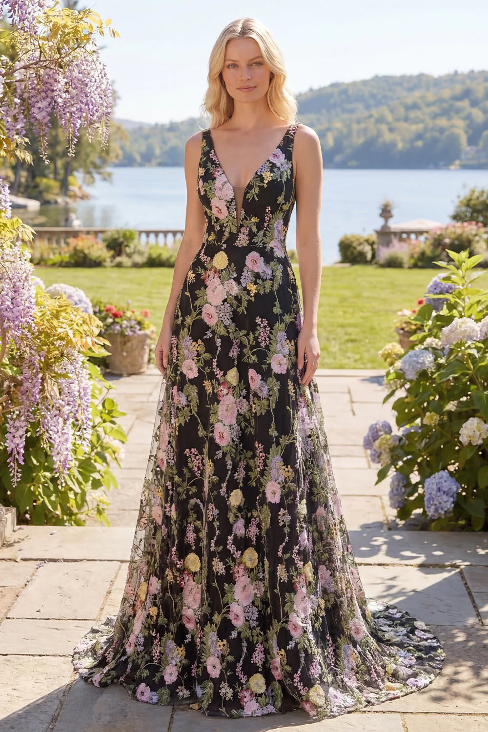 Black Pink Flower A-Line V-Neck Floral Tulle Long Prom Dress