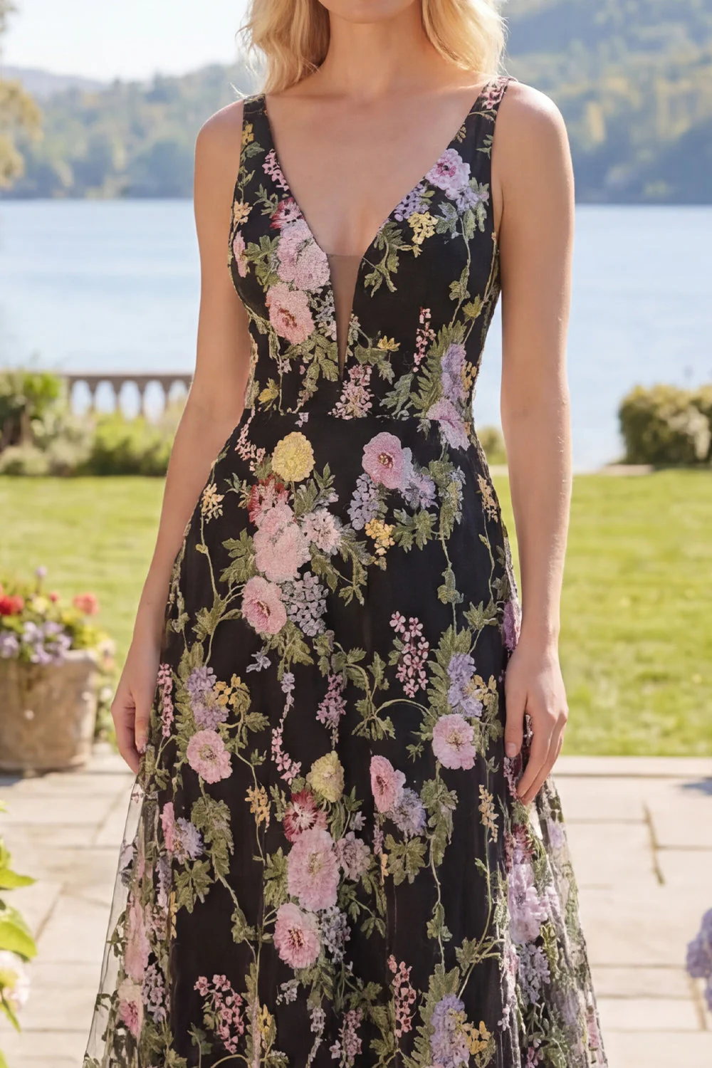 Black Pink Flower A-Line V-Neck Floral Tulle Long Prom Dress - Image 3