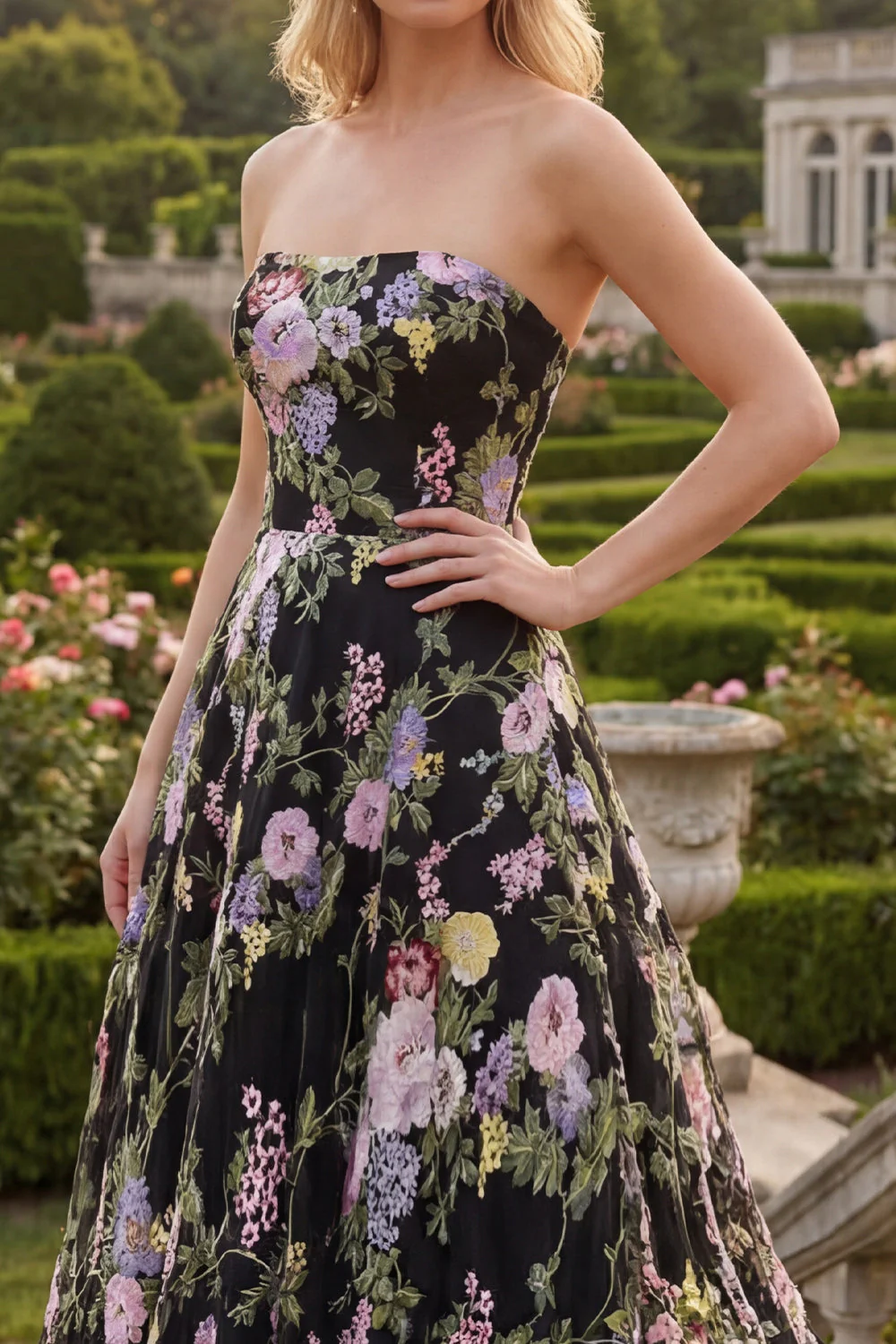 Strapless A-Line Black Pink Flower Tulle Floral Long Prom Dress - Image 3