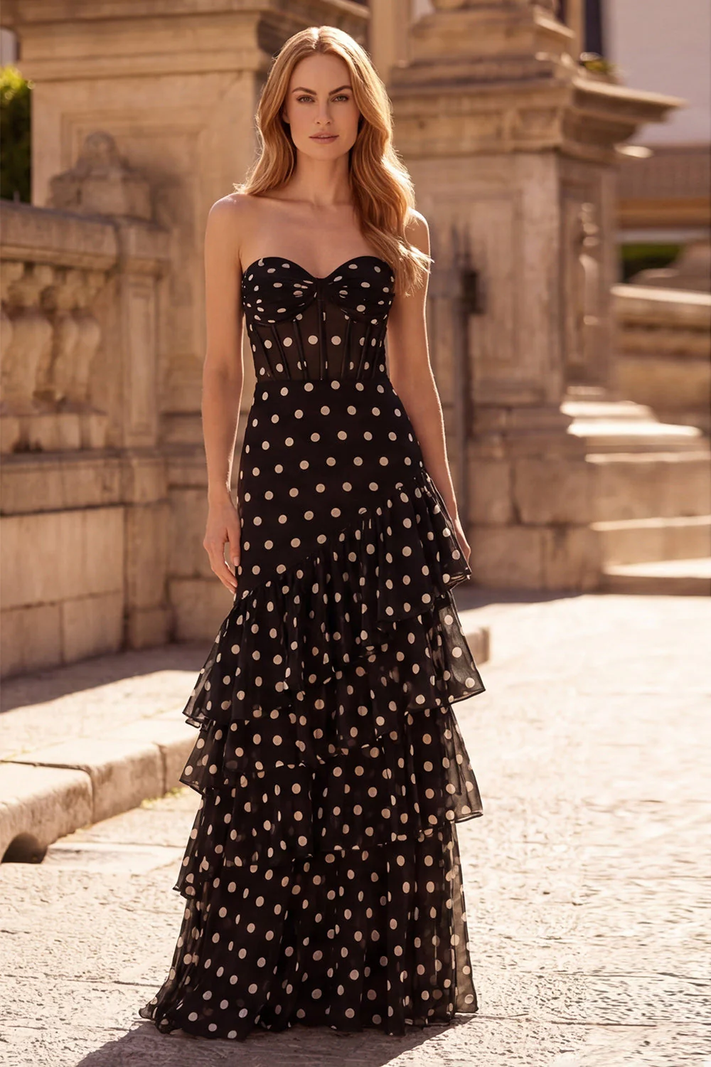 Black Polka Dots Sheath Sweetheart Corset Ruffled Long Prom Dress