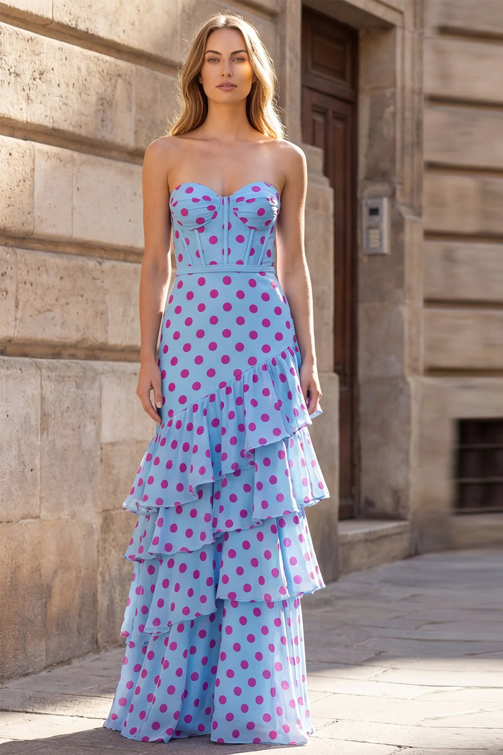 Black Polka Dots Sheath Sweetheart Corset Ruffled Long Prom Dress - Image 6