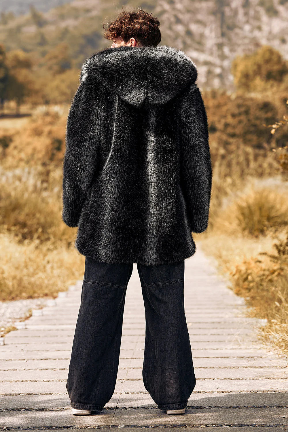 Black Puffy Long Sleeve Hooded Faux Fur Winter Men's Coat - Image 2