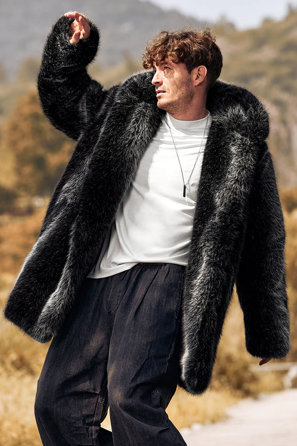 Black Puffy Long Sleeve Hooded Faux Fur Winter Men's Coat - Image 3