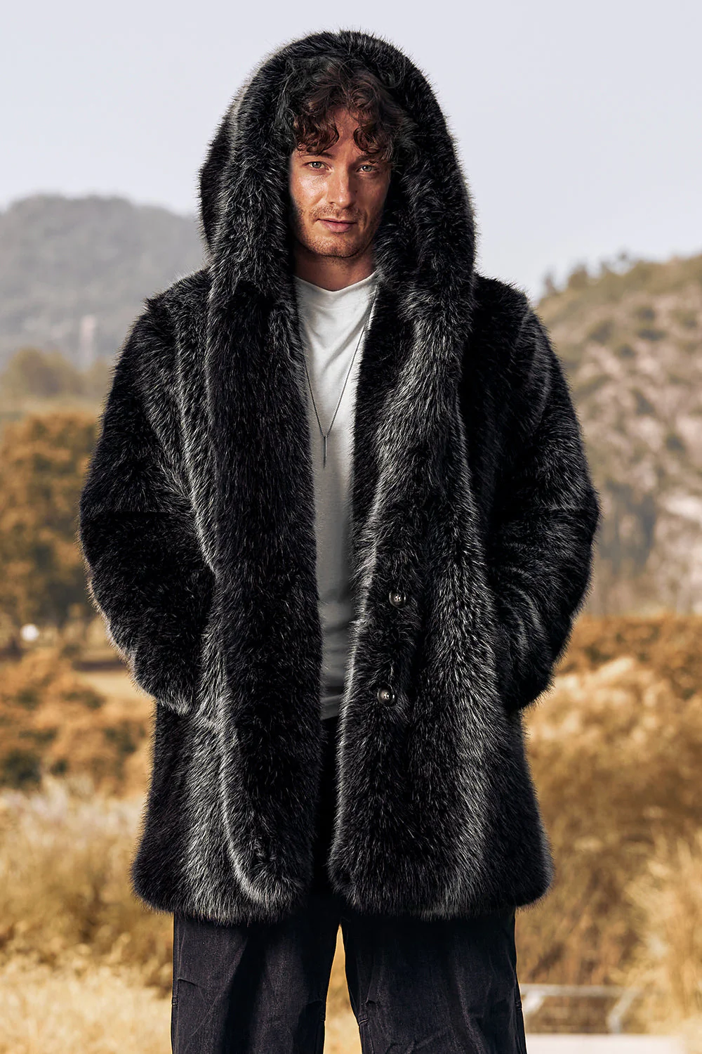 Black Puffy Long Sleeve Hooded Faux Fur Winter Men's Coat - Image 4