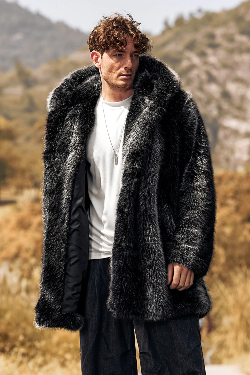 Black Puffy Long Sleeve Hooded Faux Fur Winter Men's Coat - Image 5
