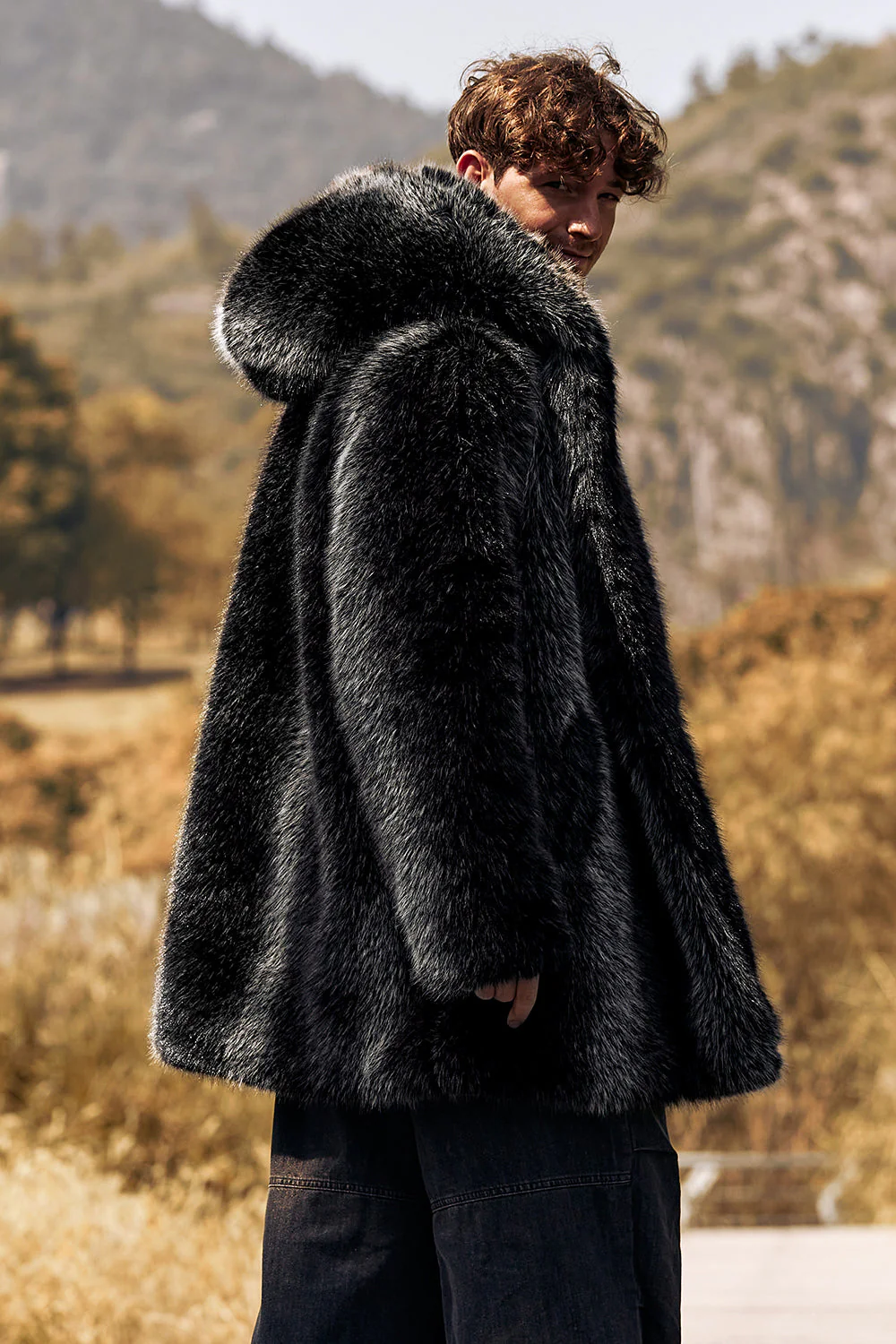 Black Puffy Long Sleeve Hooded Faux Fur Winter Men's Coat - Image 6
