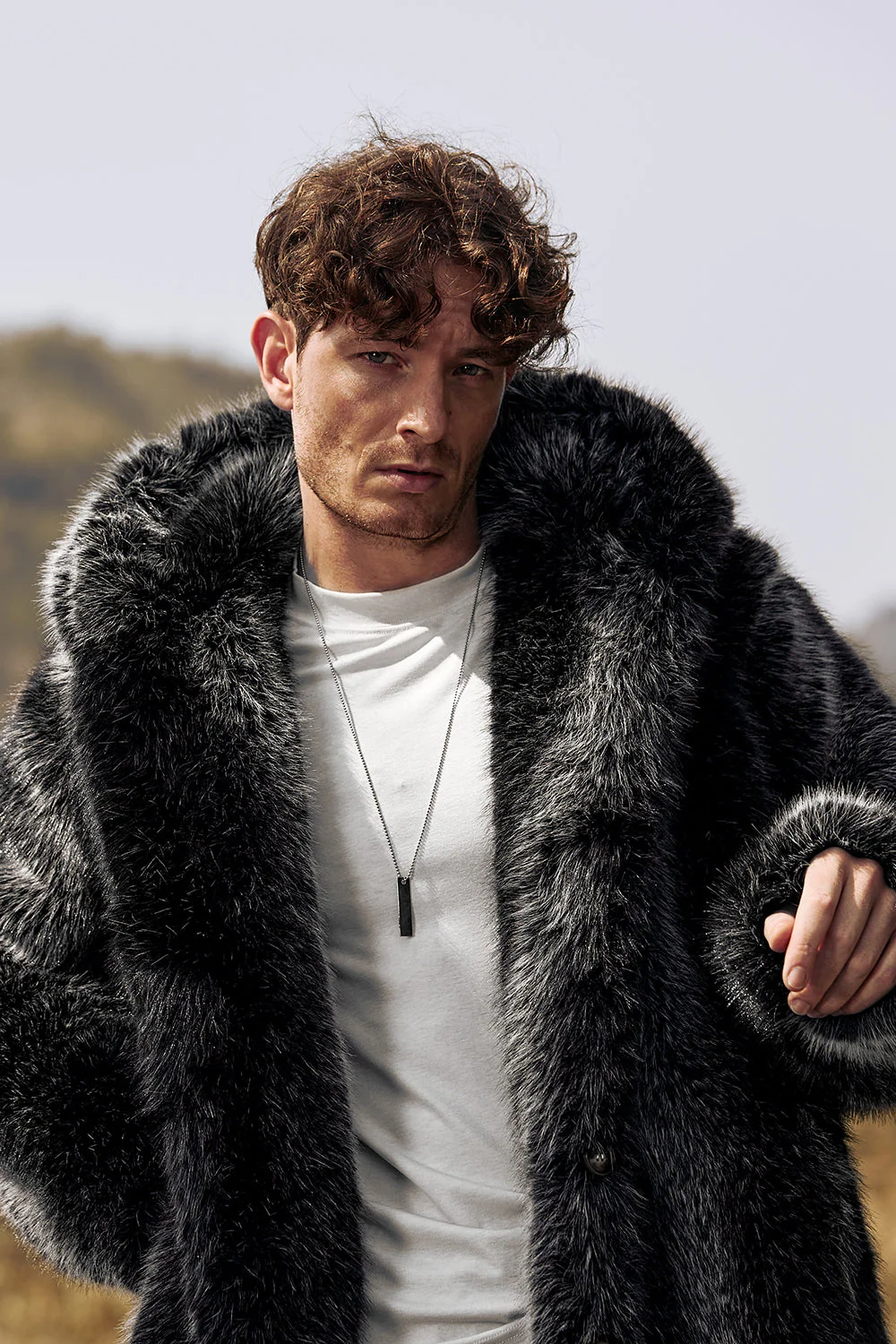 Black Puffy Long Sleeve Hooded Faux Fur Winter Men's Coat - Image 7