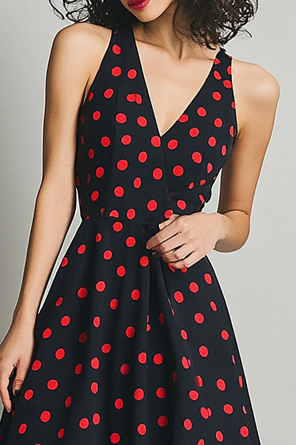 Black Red A Line V Neck Polka Dots Dress - Image 2