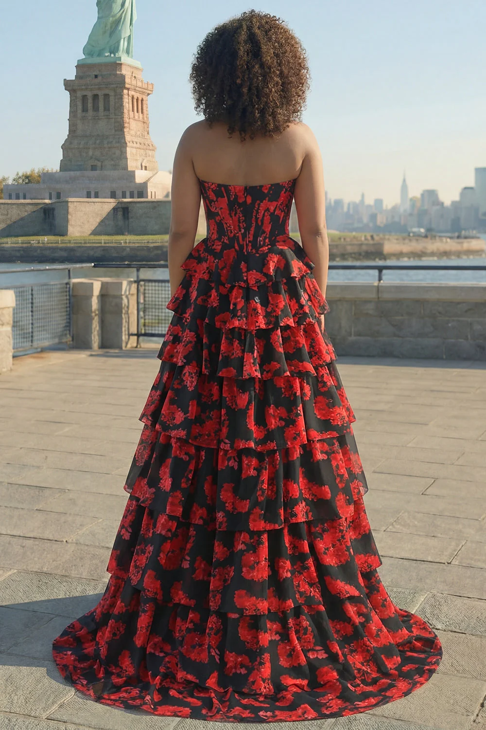Black Red Flower Sweetheart Corset Tiered A Line Long Plus Size Prom Dress with Slit - Image 2