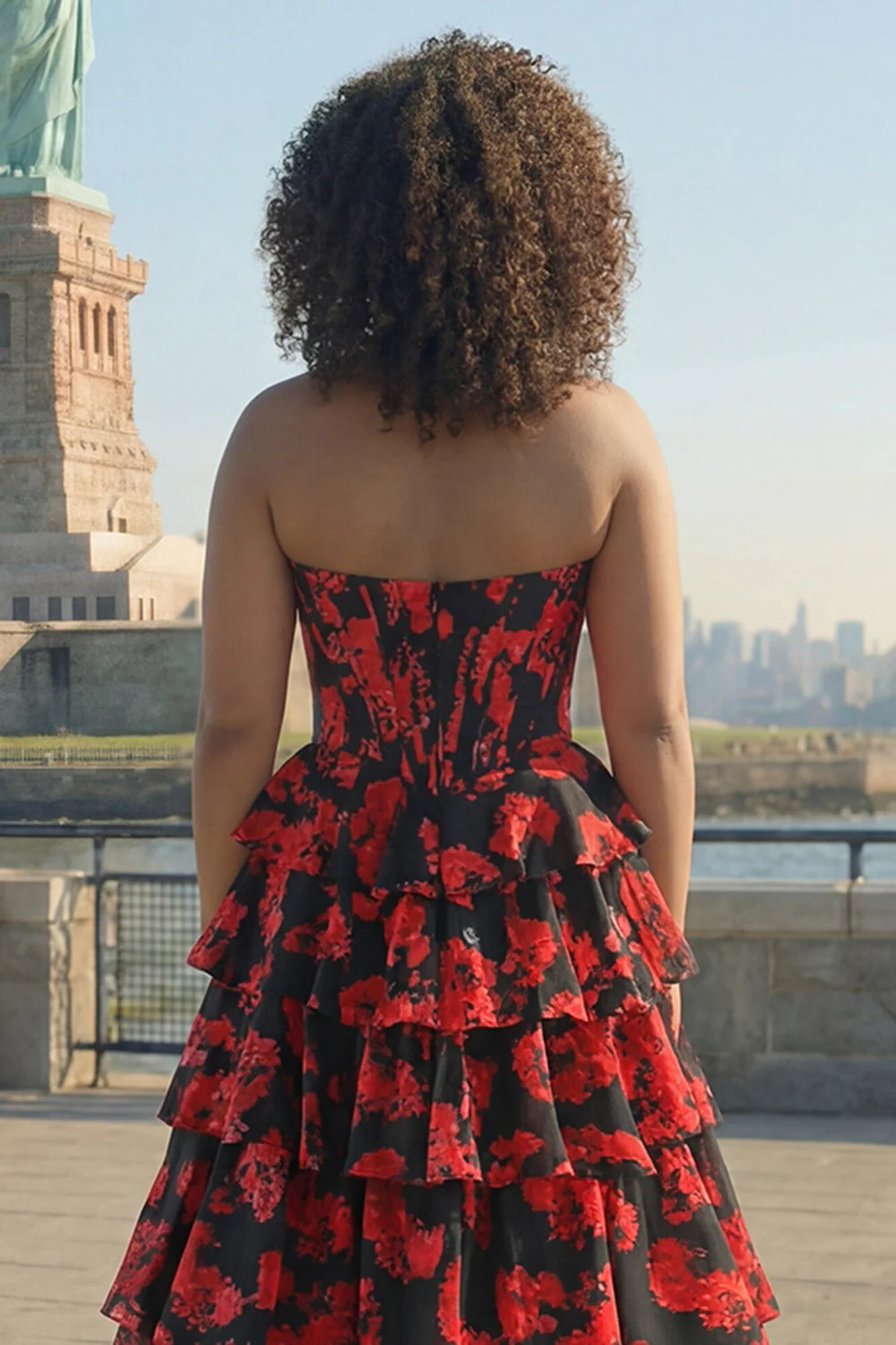 Black Red Flower Sweetheart Corset Tiered A Line Long Plus Size Prom Dress with Slit - Image 4