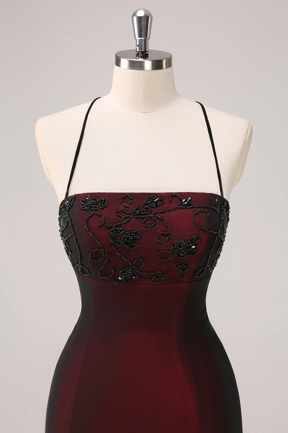 Black Red Spaghetti Straps Mermaid Bridesmaid Dress with Beading - Image 4