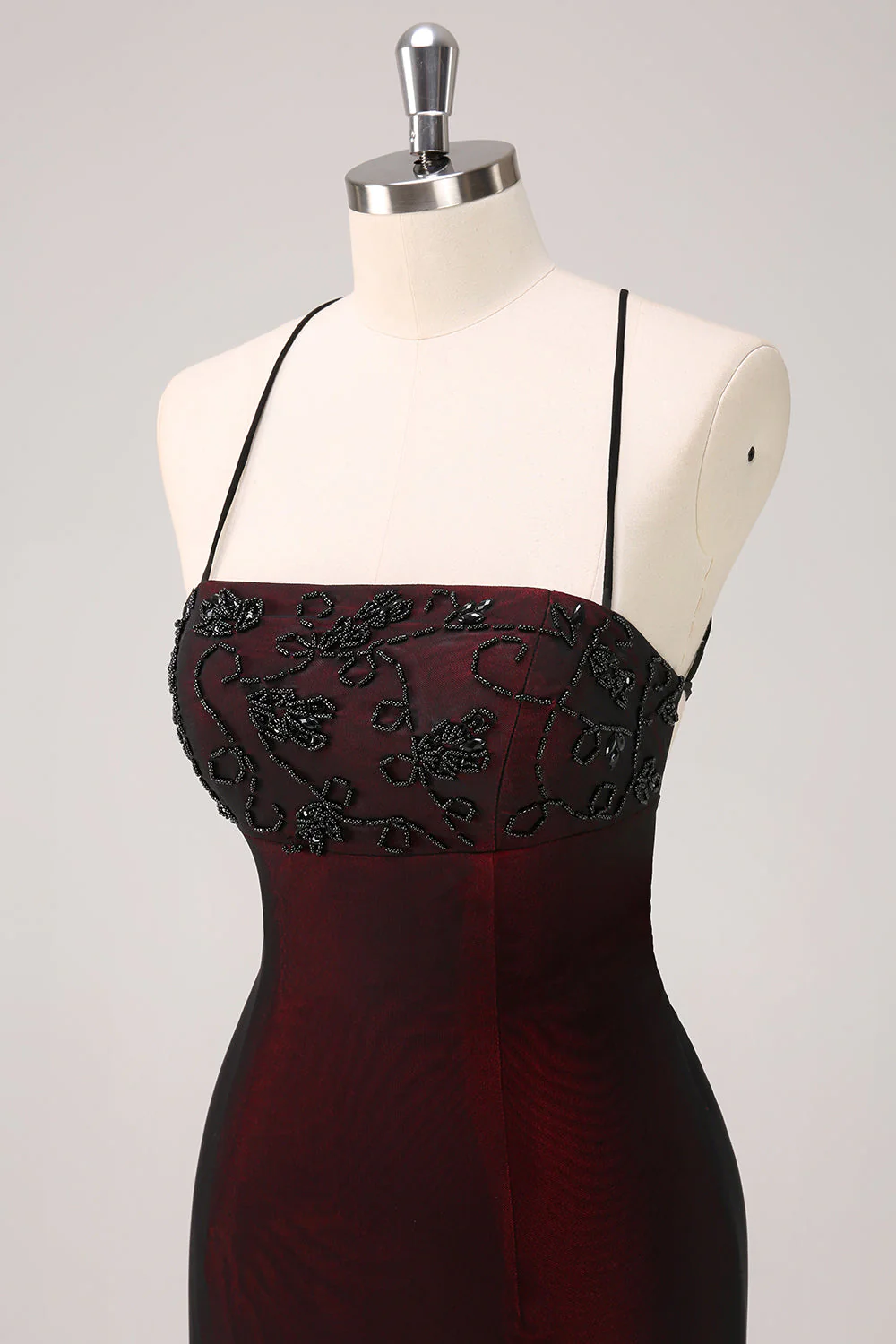 Black Red Spaghetti Straps Mermaid Bridesmaid Dress with Beading - Image 6