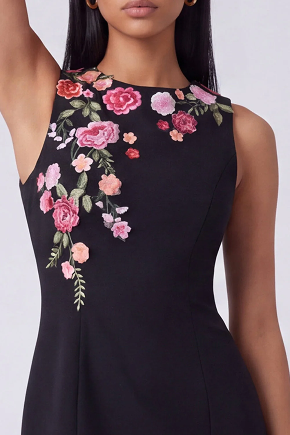 Black Round Neck Bodycon Mini Floral Dress - Image 3