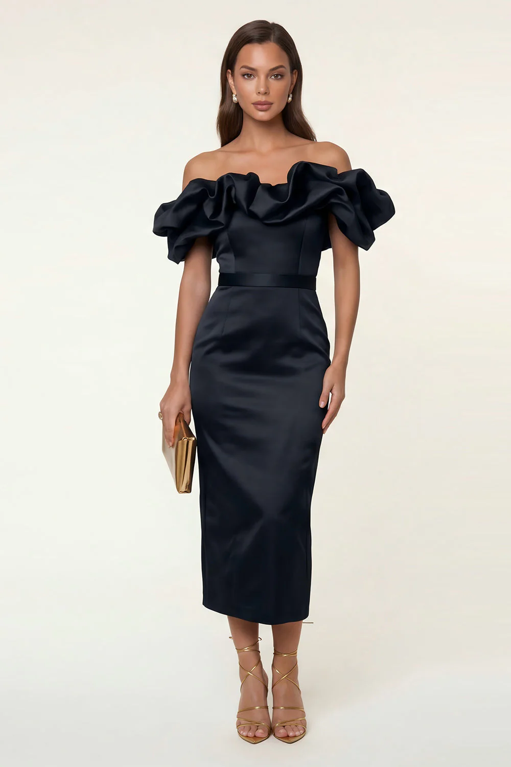 Black Satin Off the Shoulder Sheath Ruffled Evening Dress with Slit