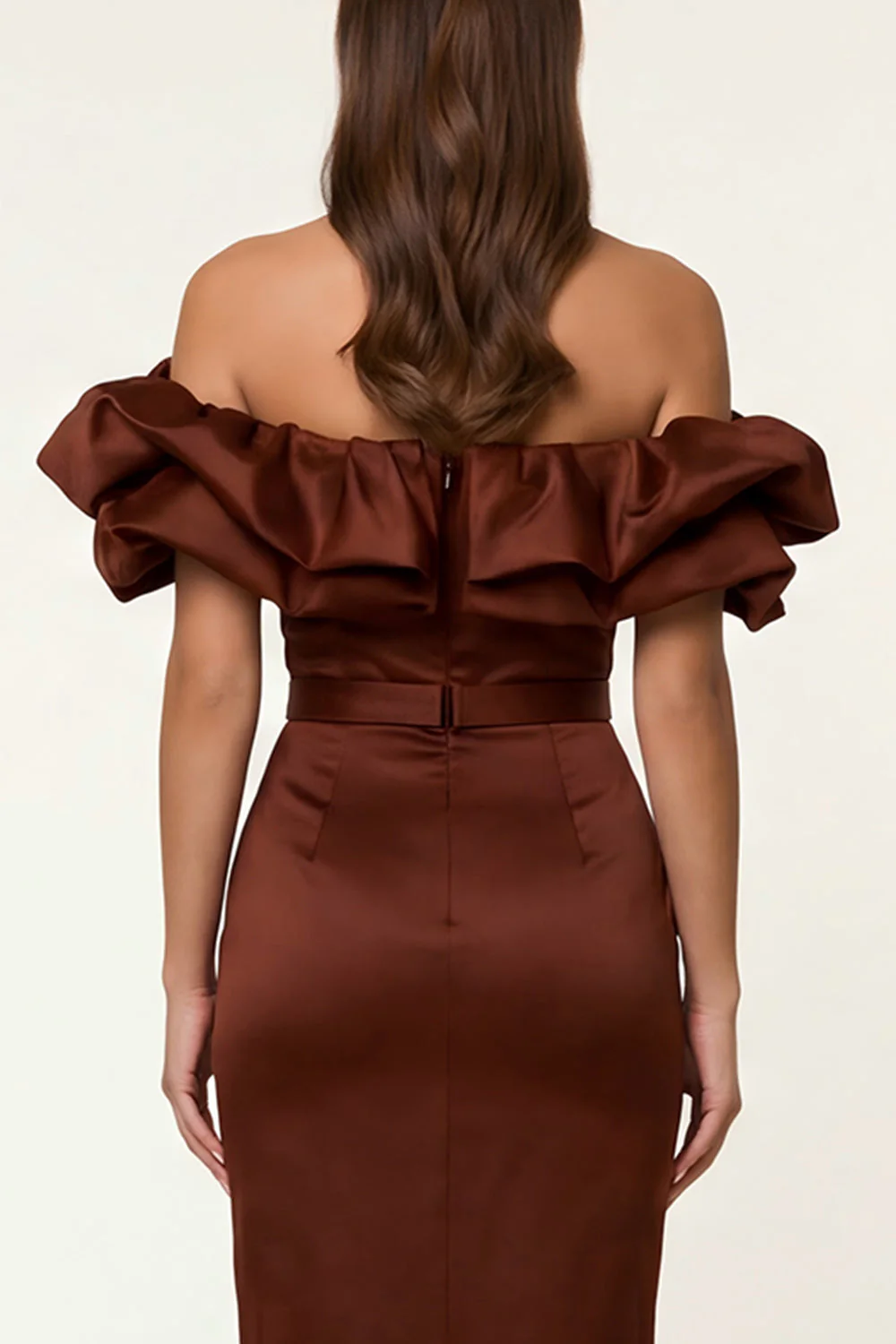 Black Satin Off the Shoulder Sheath Ruffled Evening Dress with Slit - Image 10