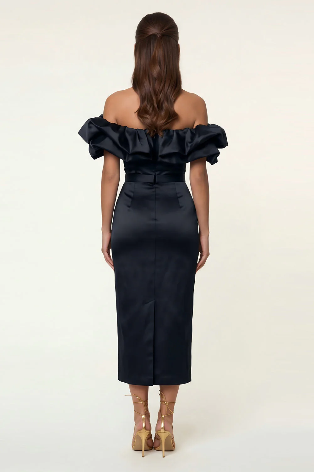 Black Satin Off the Shoulder Sheath Ruffled Evening Dress with Slit - Image 2