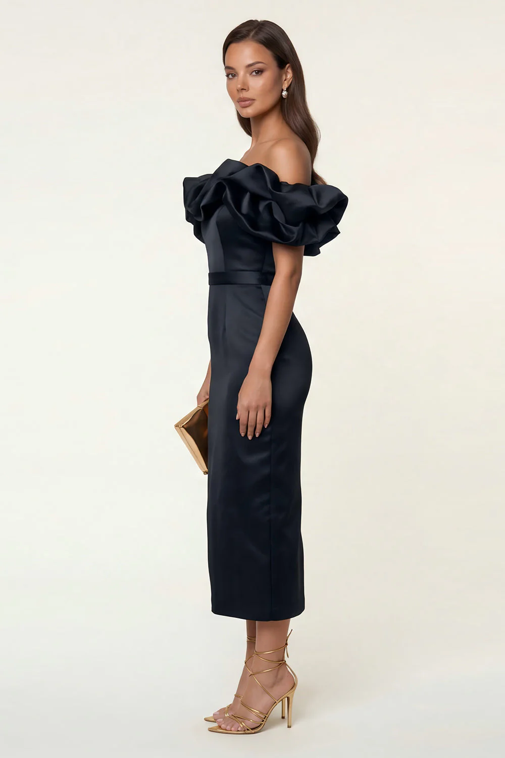 Black Satin Off the Shoulder Sheath Ruffled Evening Dress with Slit - Image 3