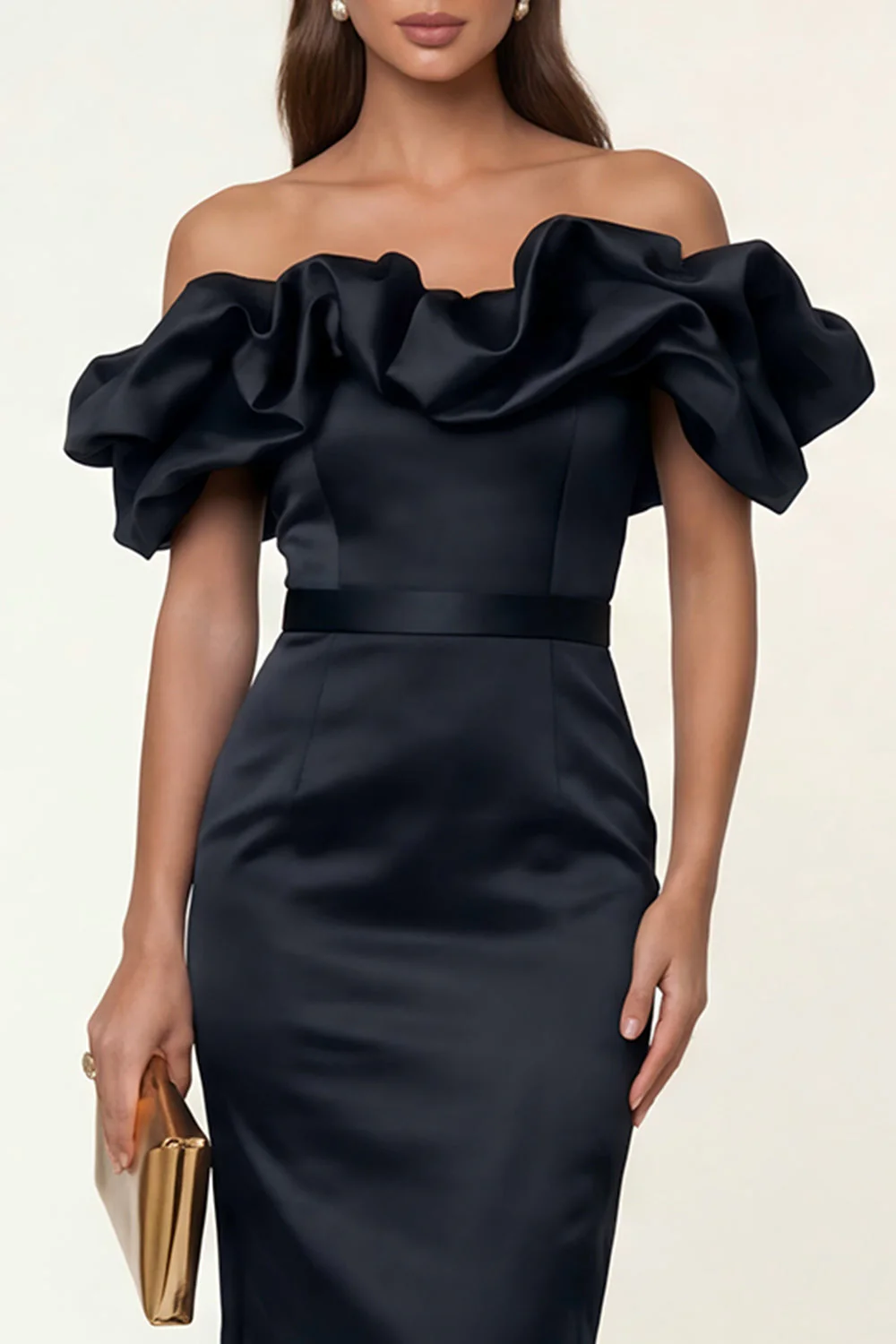 Black Satin Off the Shoulder Sheath Ruffled Evening Dress with Slit - Image 4