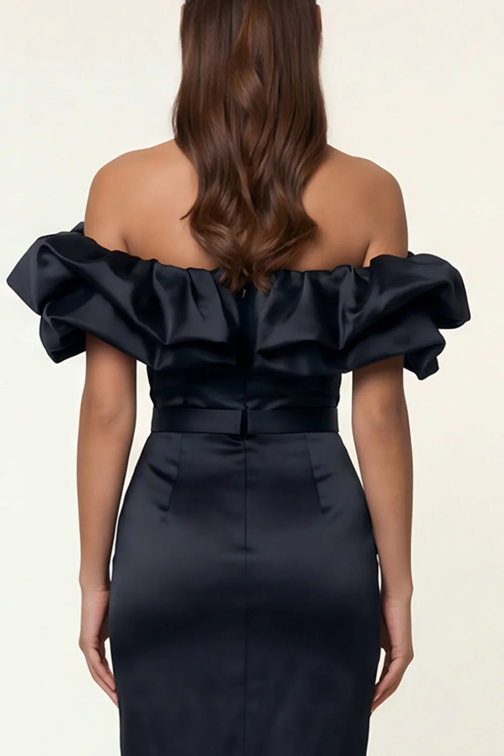 Black Satin Off the Shoulder Sheath Ruffled Evening Dress with Slit - Image 5