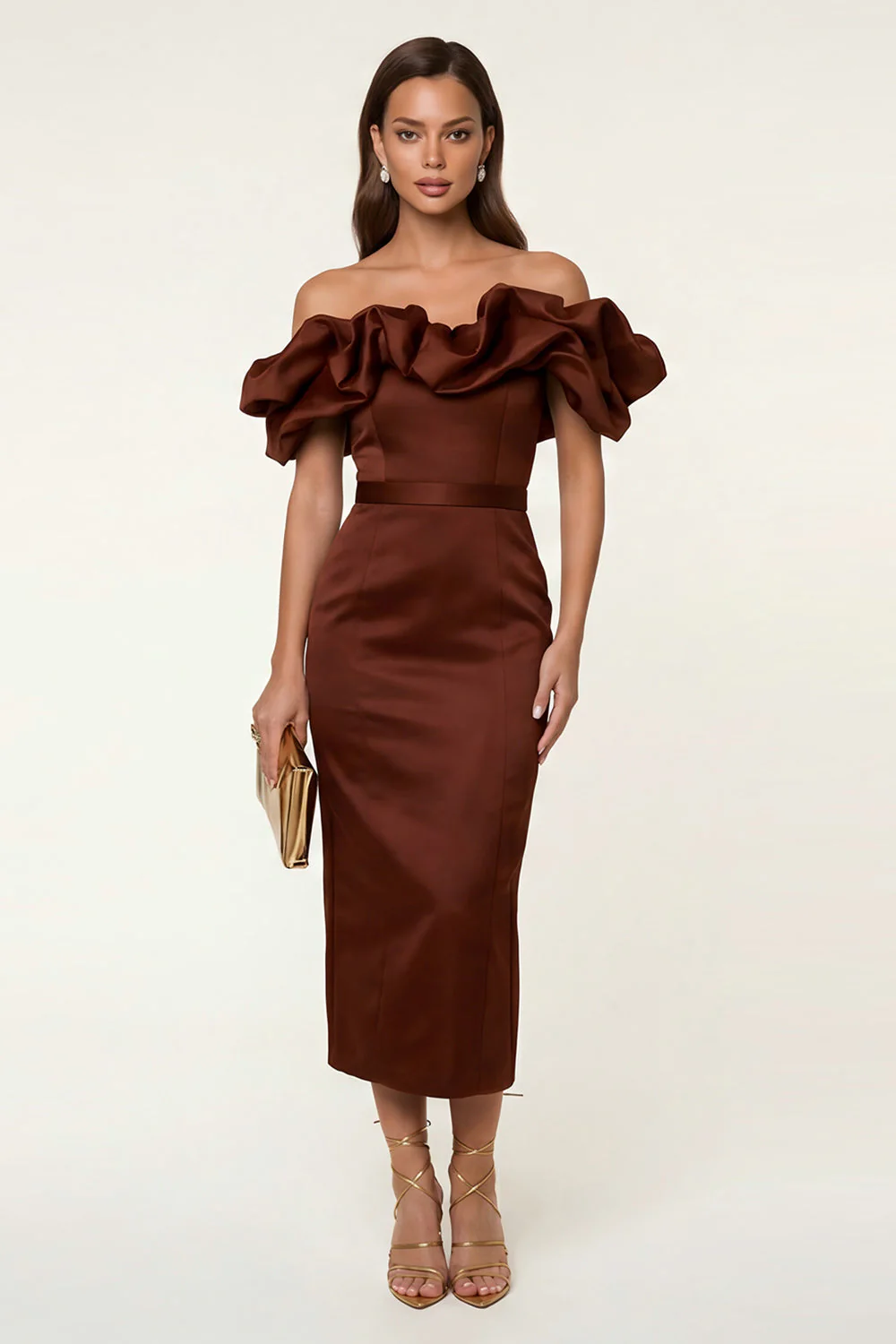 Black Satin Off the Shoulder Sheath Ruffled Evening Dress with Slit - Image 6