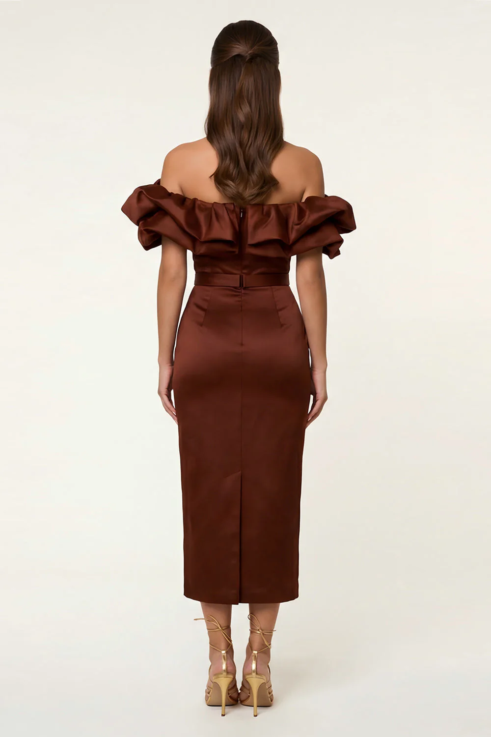 Black Satin Off the Shoulder Sheath Ruffled Evening Dress with Slit - Image 7