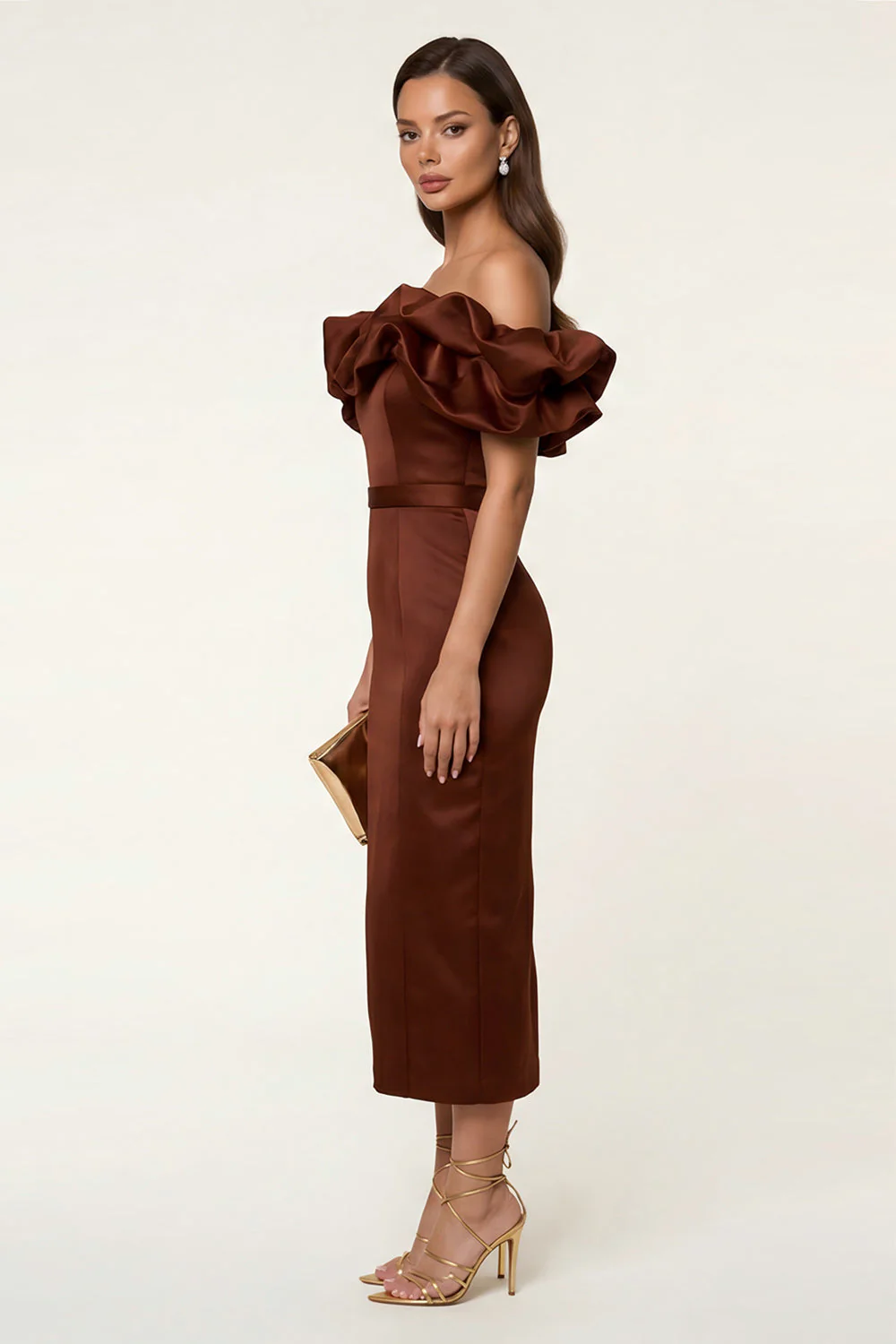 Black Satin Off the Shoulder Sheath Ruffled Evening Dress with Slit - Image 8