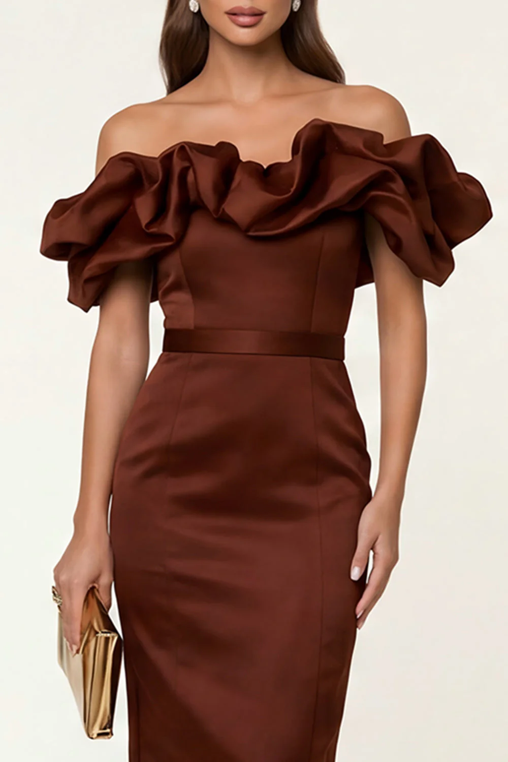 Black Satin Off the Shoulder Sheath Ruffled Evening Dress with Slit - Image 9