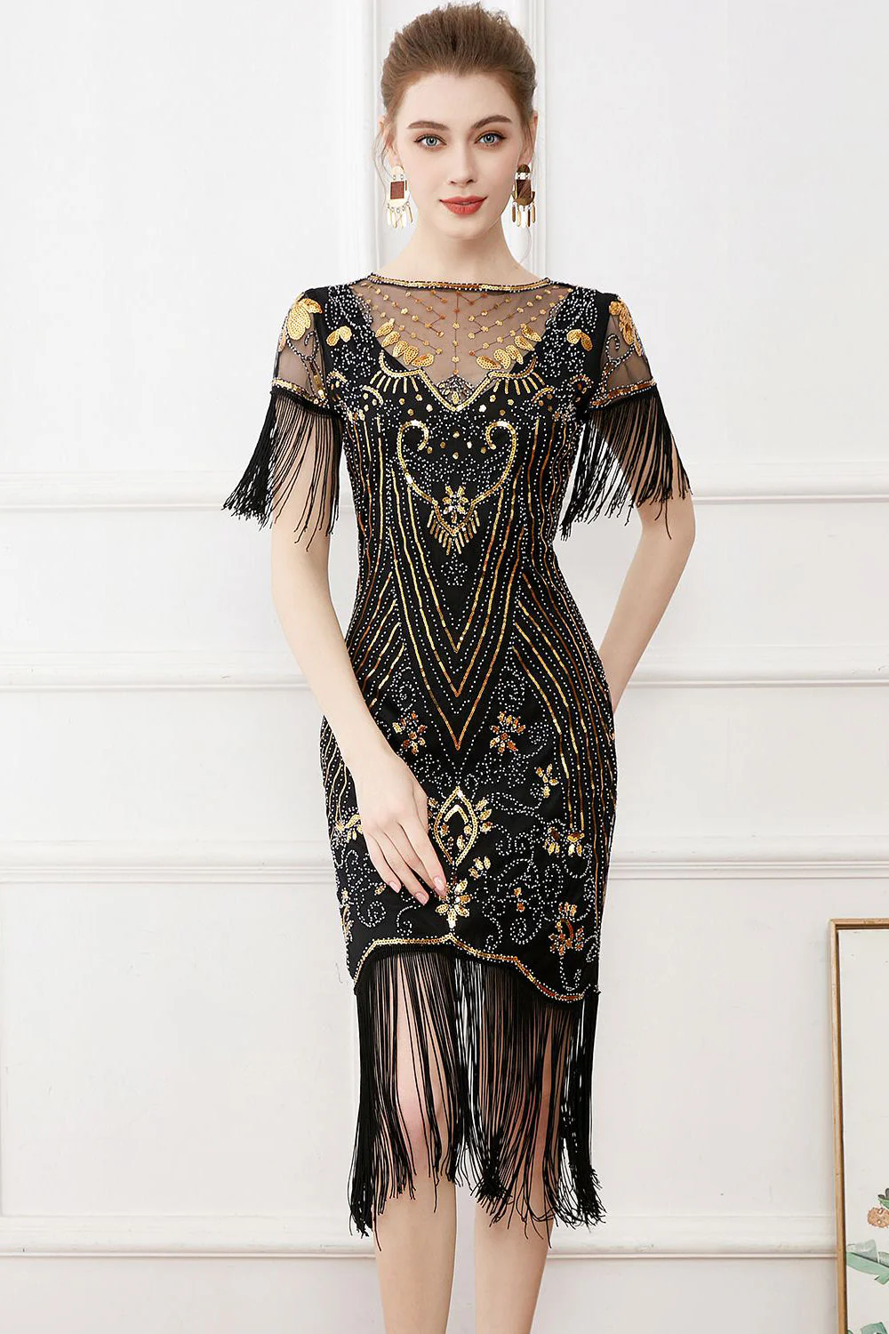 Black Sequins Bodycon 1920s Dress with Fringes