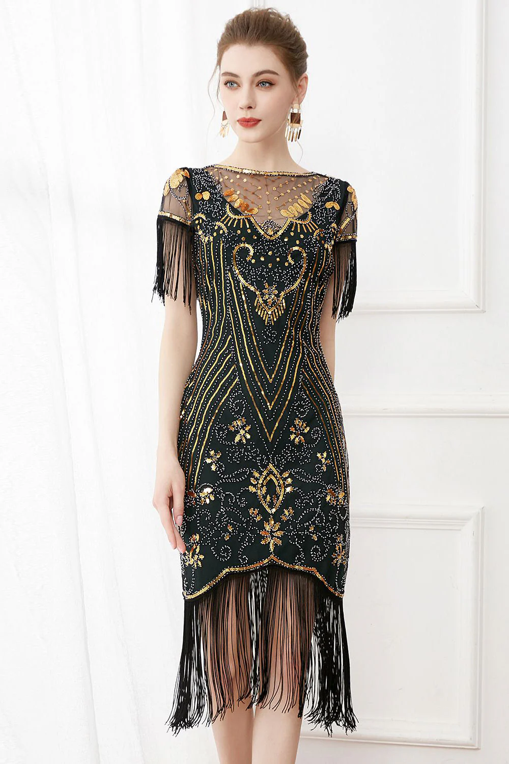 Black Sequins Bodycon 1920s Dress with Fringes - Image 10