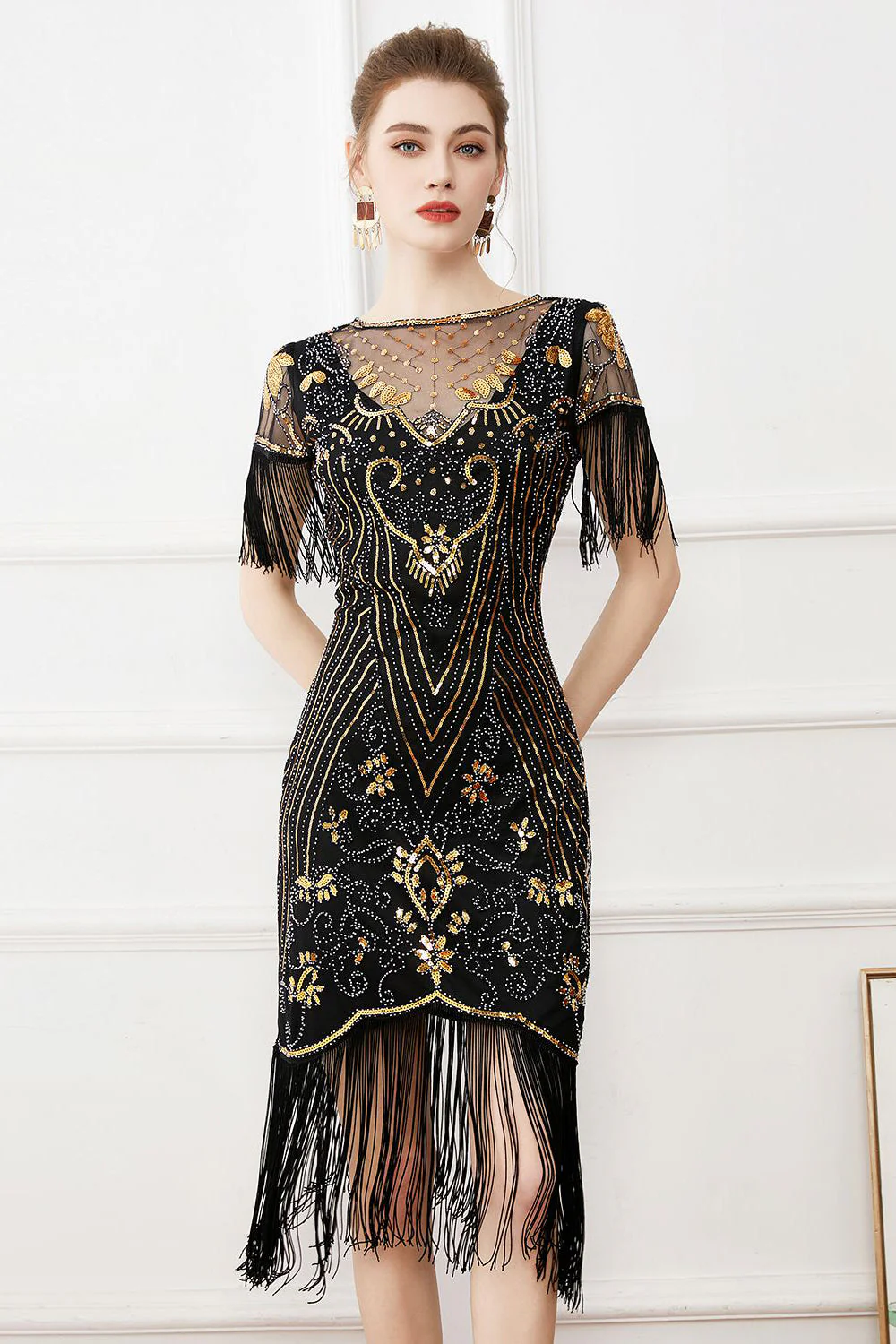 Black Sequins Bodycon 1920s Dress with Fringes - Image 3