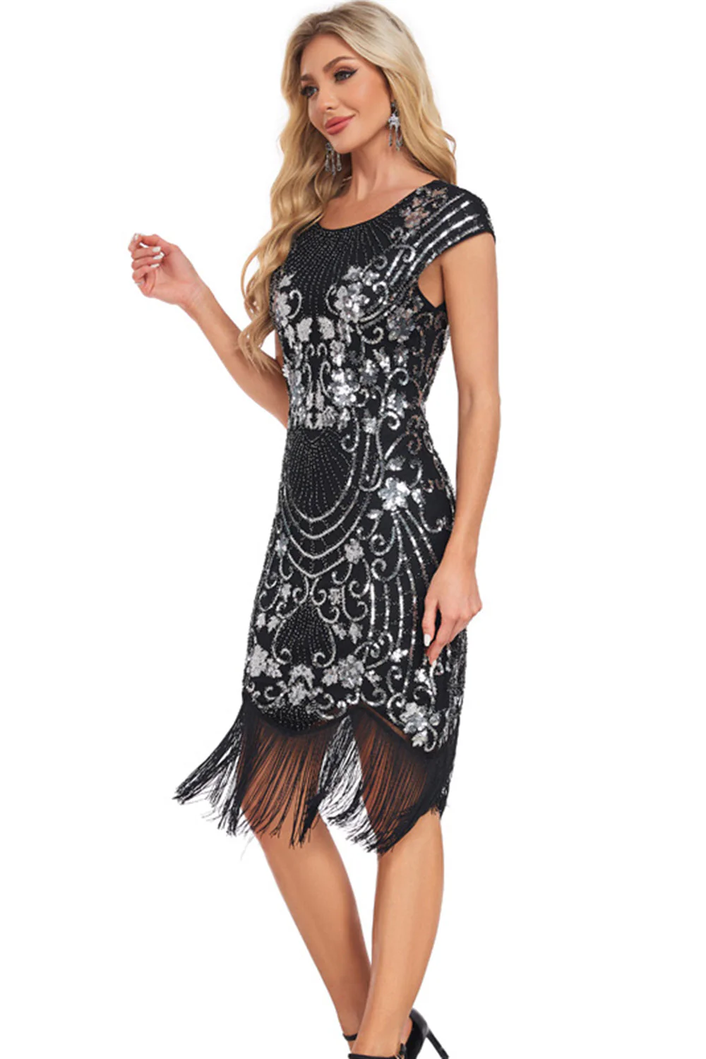 Black Sheath Cap Sleeves Sequins 1920s Flapper Dress with Fringes - Image 5