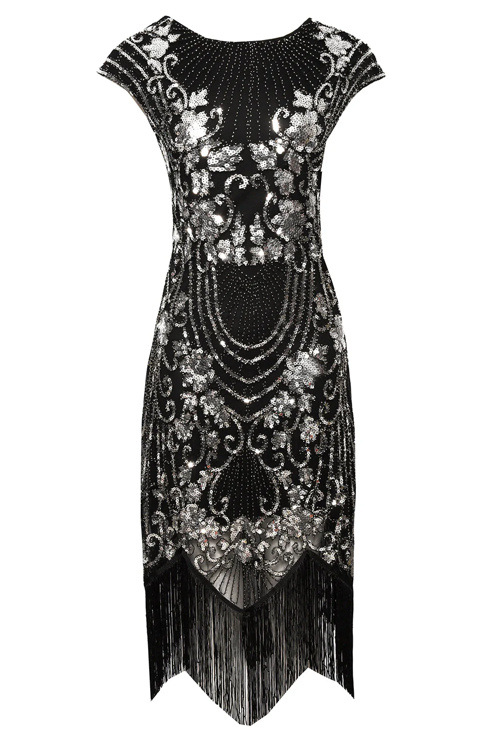Black Sheath Cap Sleeves Sequins 1920s Flapper Dress with Fringes - Image 6