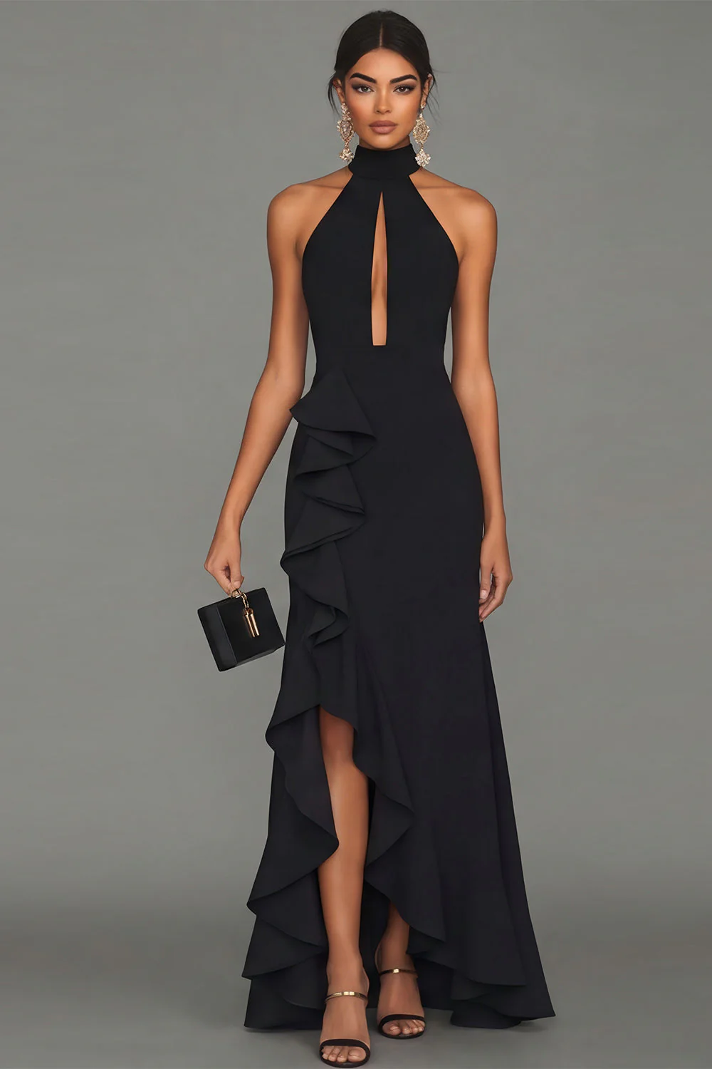 Black Halter Neck Sheath Ruffled Cut Out Long Evening Dress with Slit