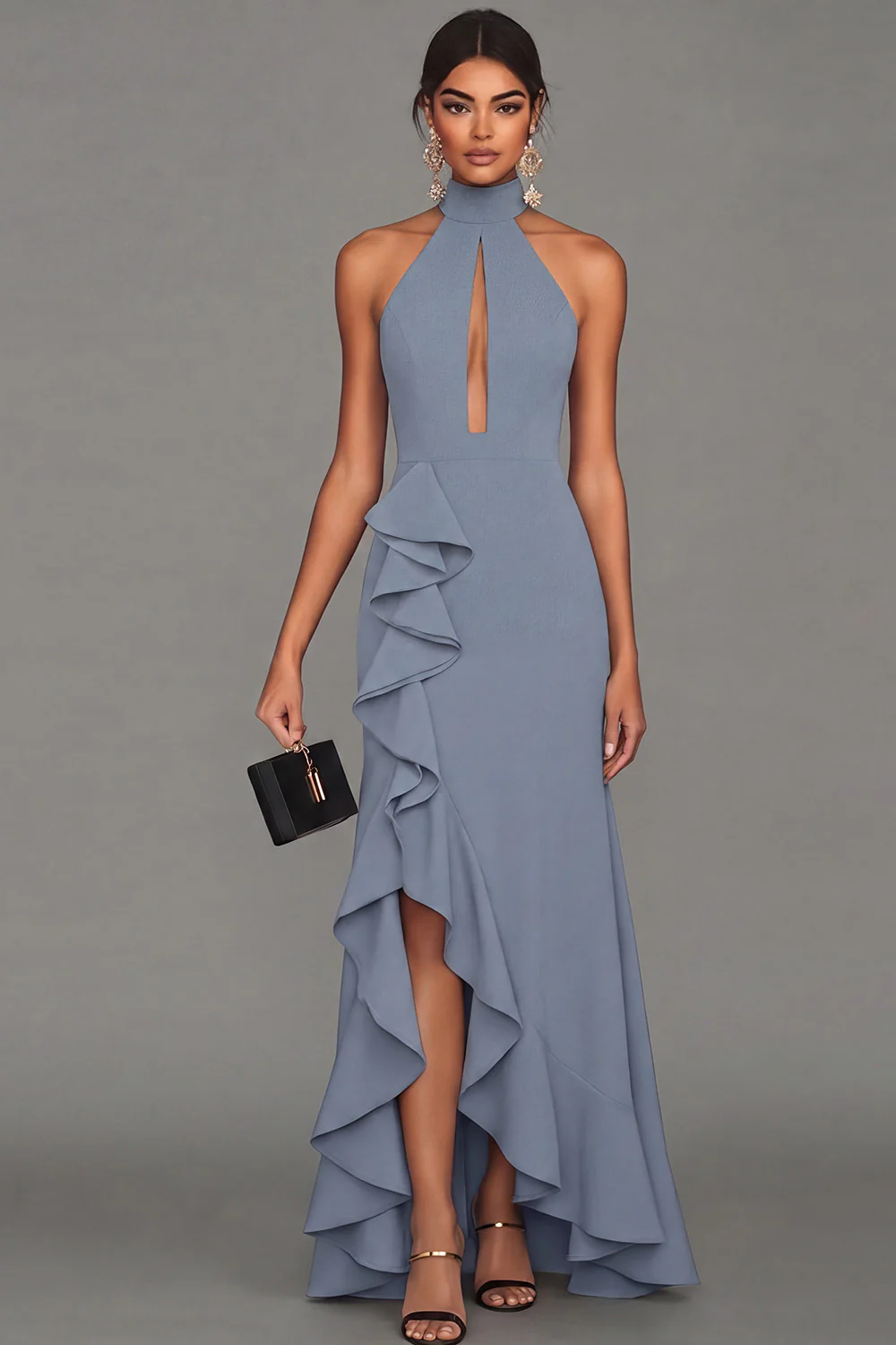 Black Halter Neck Sheath Ruffled Cut Out Long Evening Dress with Slit - Image 11