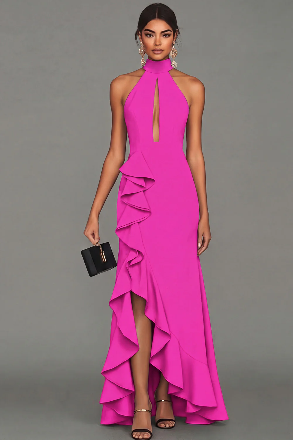 Black Halter Neck Sheath Ruffled Cut Out Long Evening Dress with Slit - Image 12