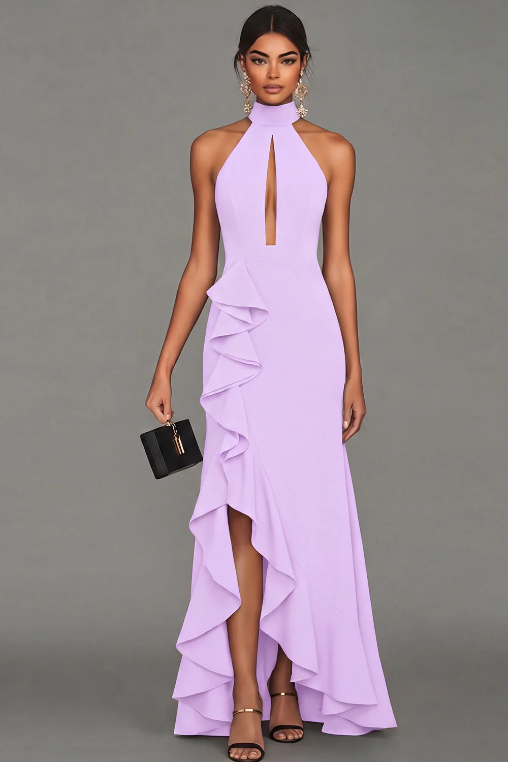 Black Halter Neck Sheath Ruffled Cut Out Long Evening Dress with Slit - Image 13
