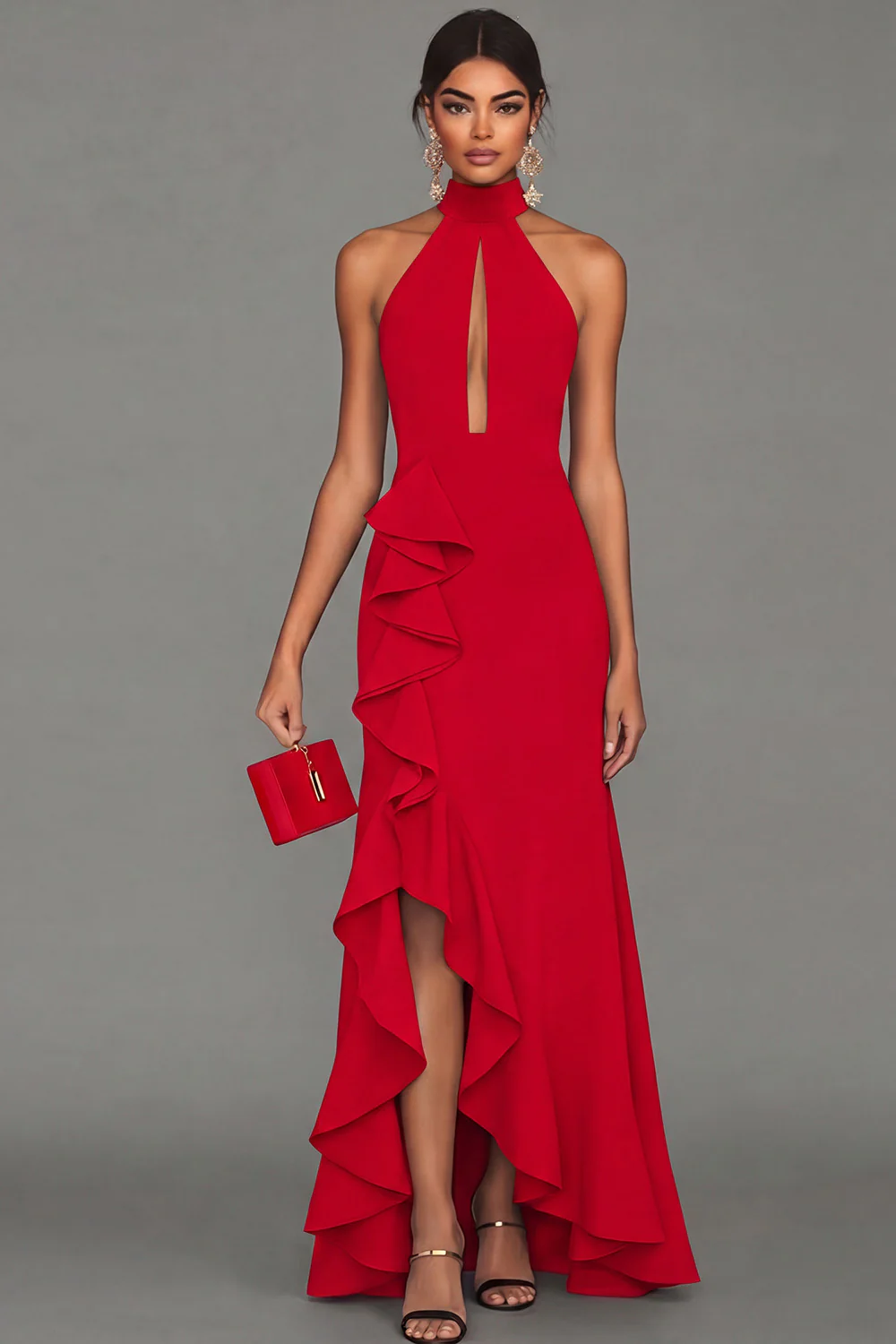 Black Halter Neck Sheath Ruffled Cut Out Long Evening Dress with Slit - Image 14