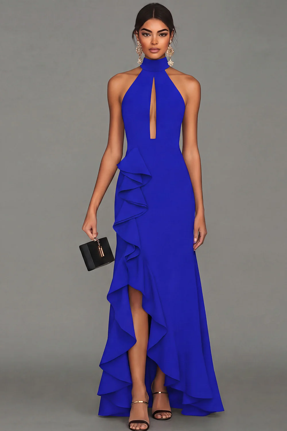Black Halter Neck Sheath Ruffled Cut Out Long Evening Dress with Slit - Image 15
