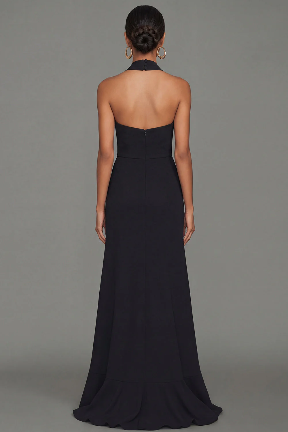 Black Halter Neck Sheath Ruffled Cut Out Long Evening Dress with Slit - Image 2