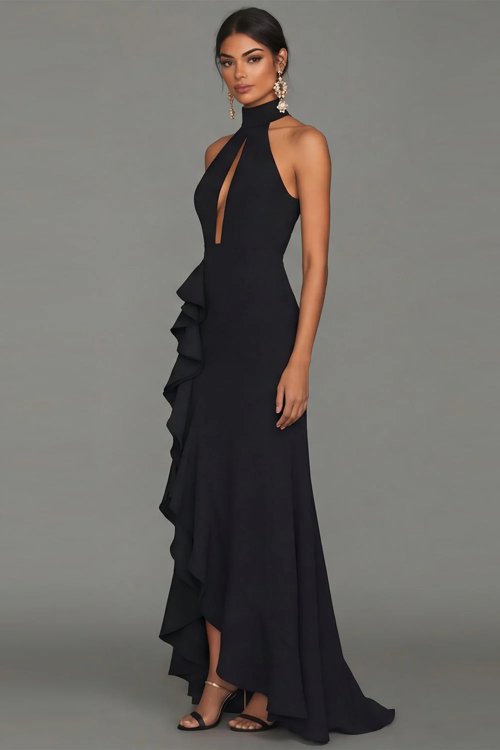 Black Halter Neck Sheath Ruffled Cut Out Long Evening Dress with Slit - Image 3