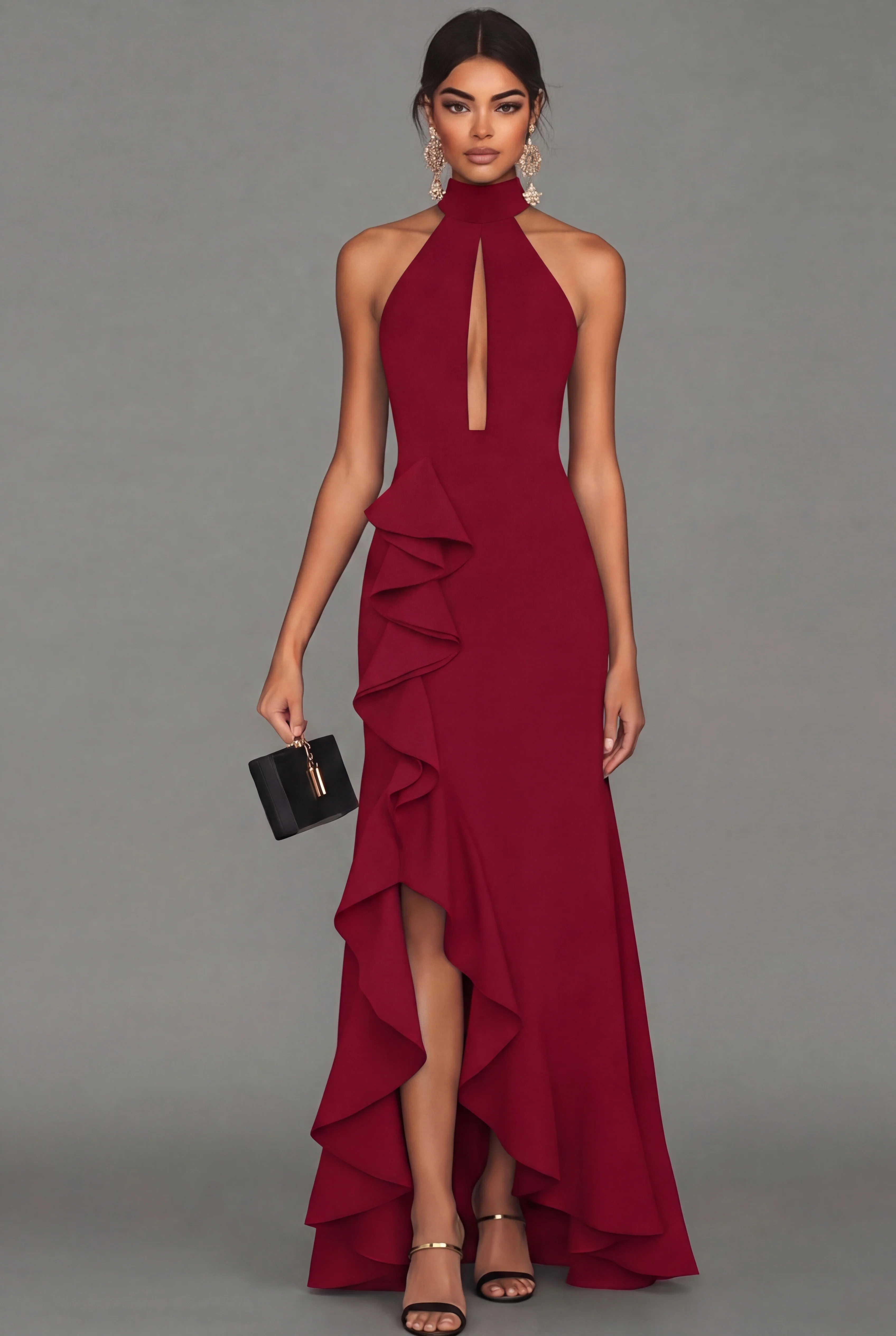 Black Halter Neck Sheath Ruffled Cut Out Long Evening Dress with Slit - Image 6