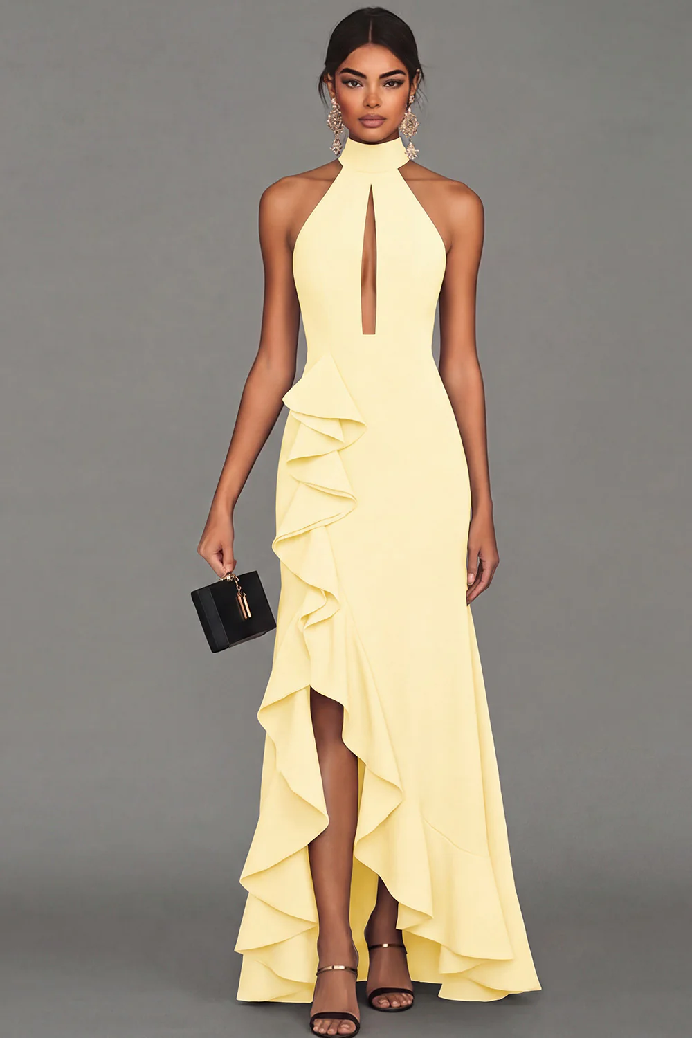 Black Halter Neck Sheath Ruffled Cut Out Long Evening Dress with Slit - Image 7
