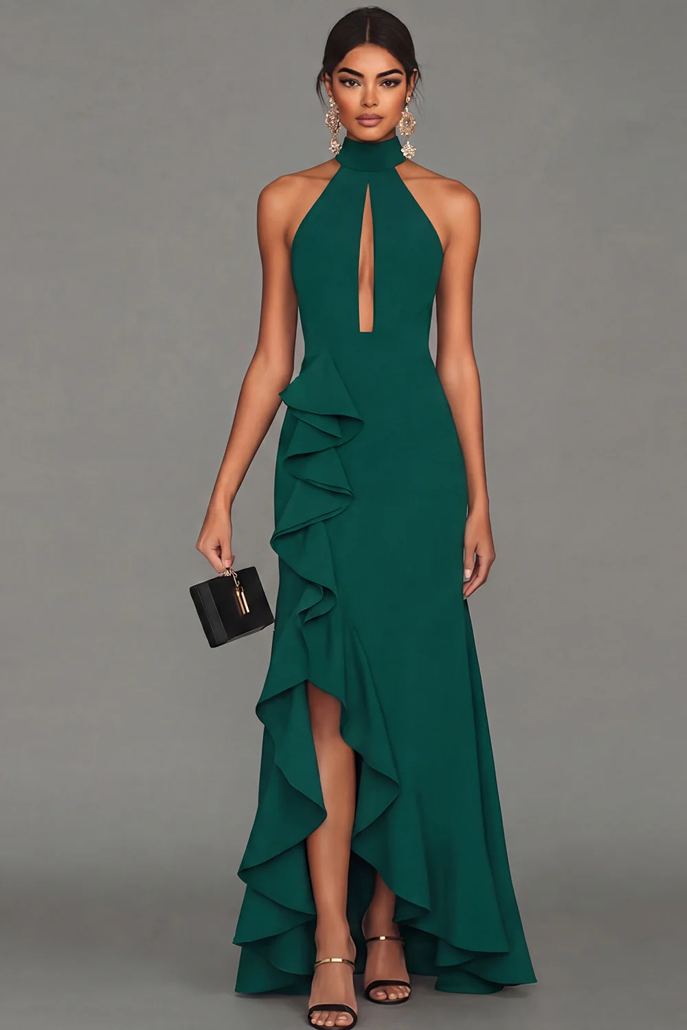 Black Halter Neck Sheath Ruffled Cut Out Long Evening Dress with Slit - Image 8