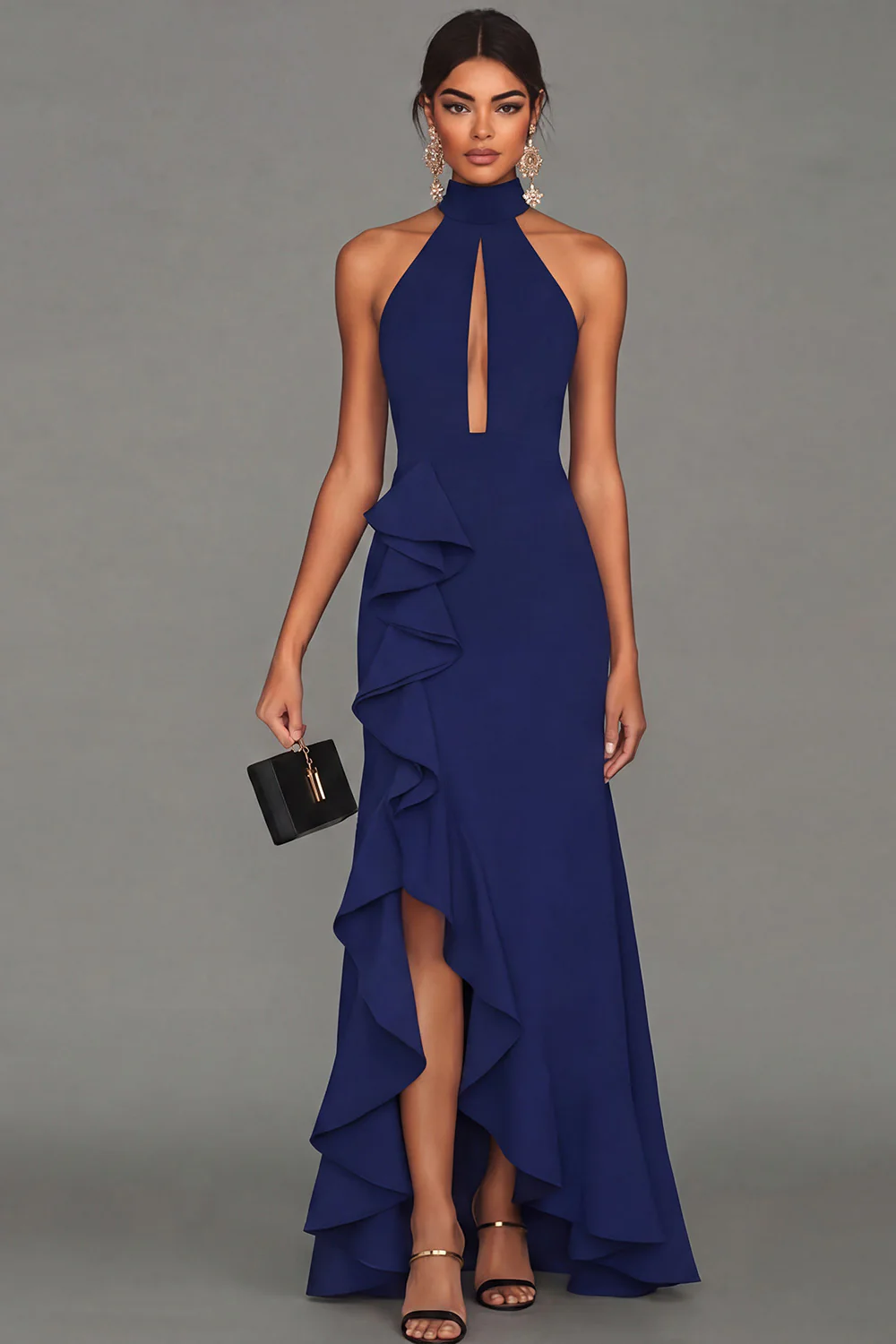 Black Halter Neck Sheath Ruffled Cut Out Long Evening Dress with Slit - Image 9