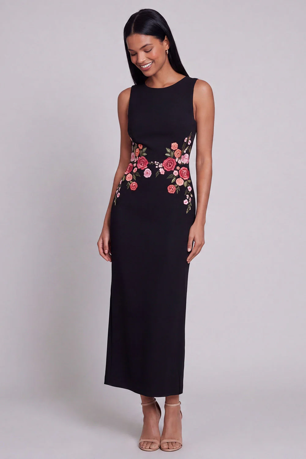 Black Sheath Round Neck Floral Long Formal Dress
